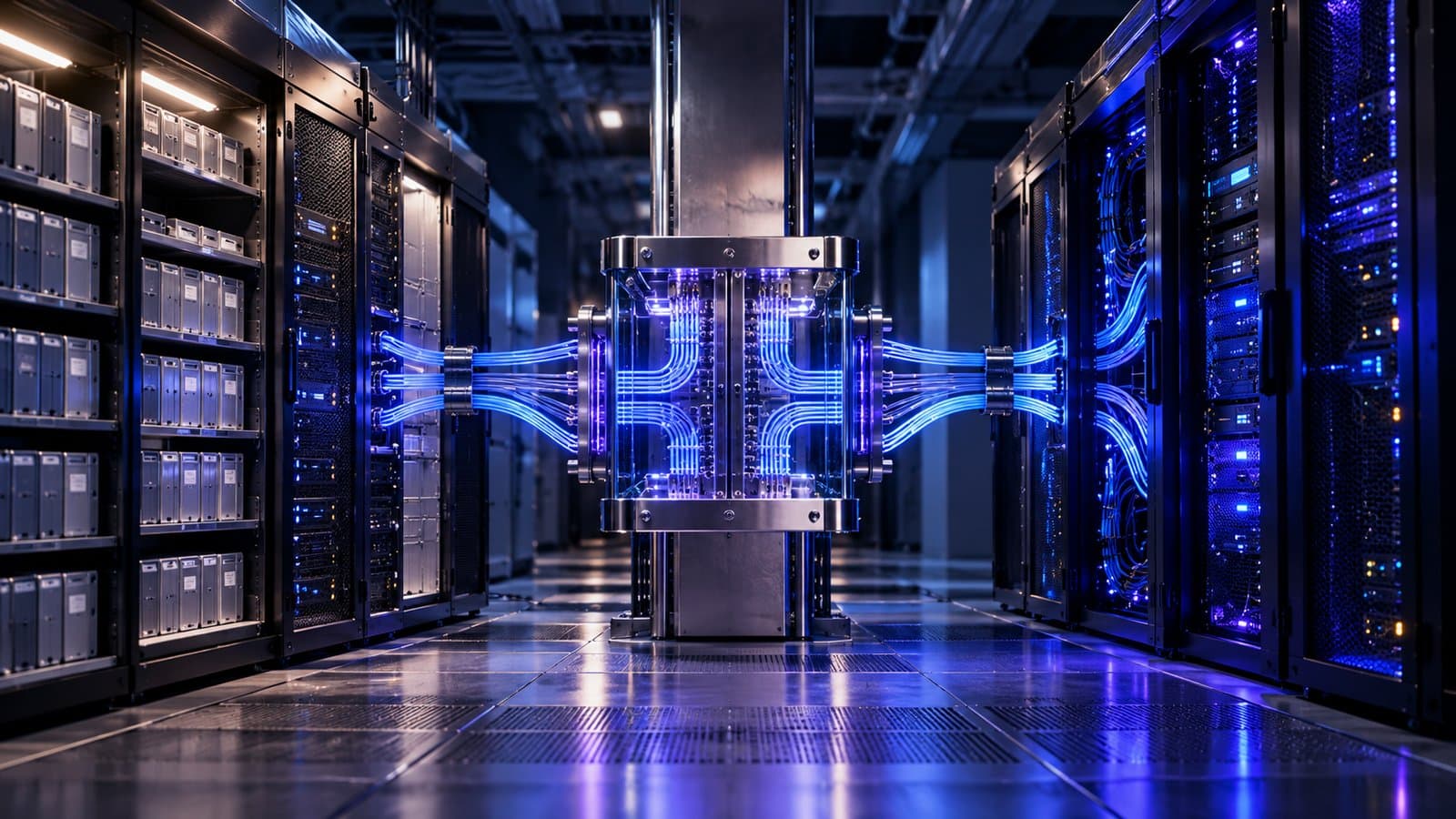 Server racks in a dark data centre, joined by glowing blue cables through one central connector