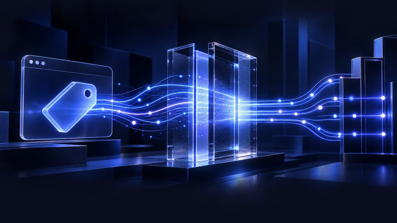 A glowing tag on a browser window sending its signal through a glass gateway on to a row of servers, in blue on dark
