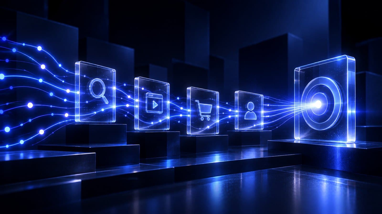 Streams of light passing through glass panels for search, video, a cart and a person, converging on a single bright target