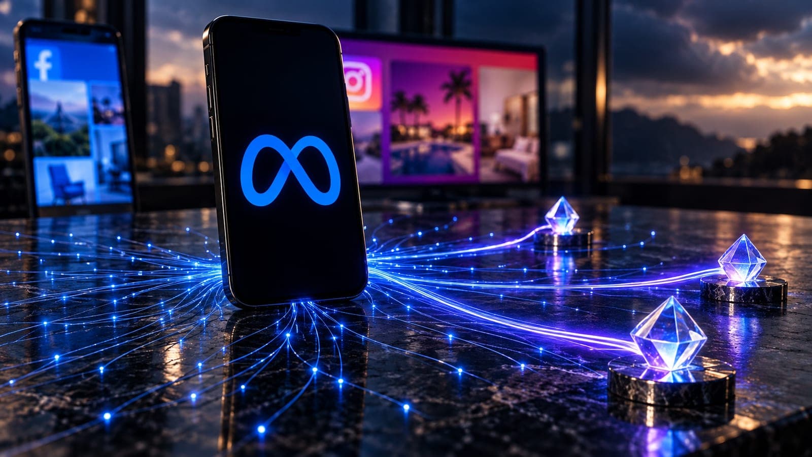 A phone showing the Meta logo on a dark marble table, with strands of blue light running from it across the table to three glowing crystals, and Facebook and Instagram screens behind
