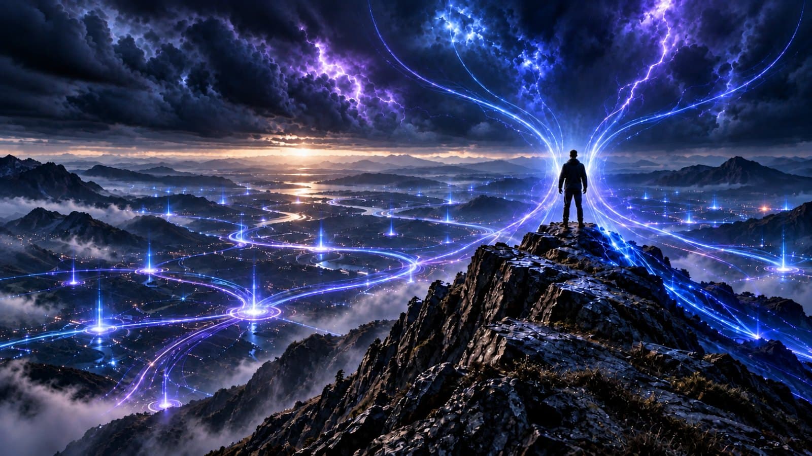 A figure on a mountain summit under a stormy sky, with streams of light rising to them from a valley of glowing points