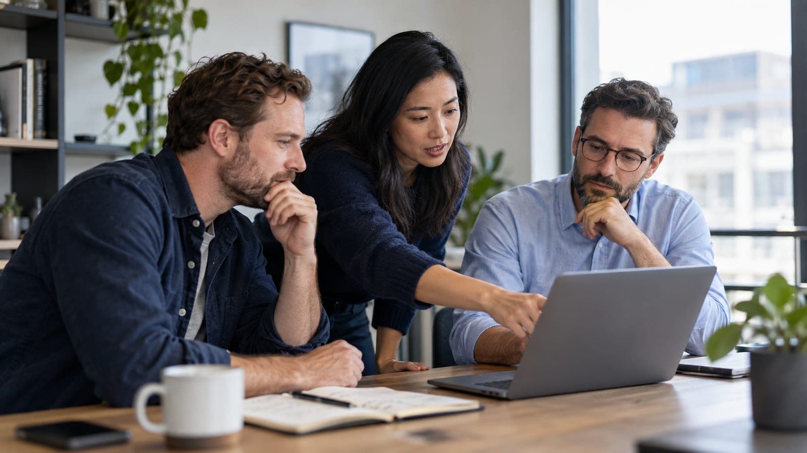 A B2B software team reviewing a product demo together on a large screen