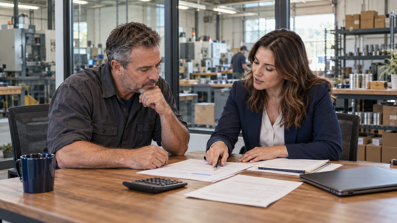 A small business owner reviewing financing paperwork with a lending advisor