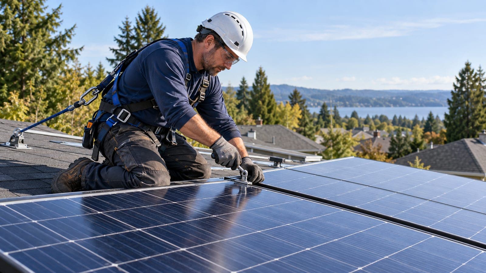 Installers fitting solar panels on a residential rooftop