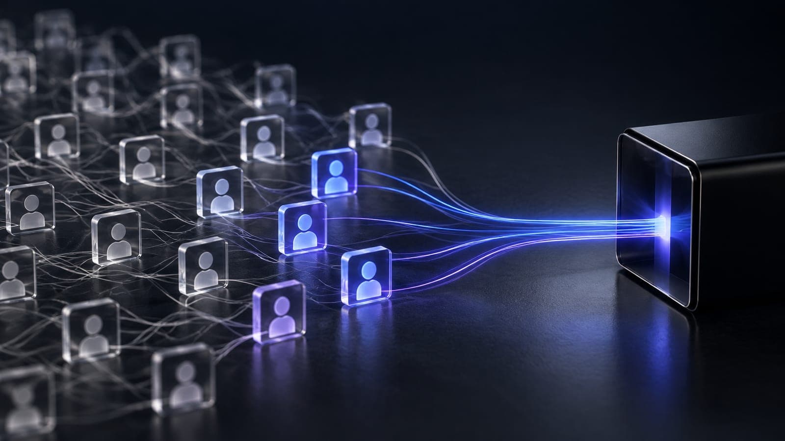 A grid of glass lead cards, a few lit blue and violet, with their signal drawn into one beam entering a dark receiver