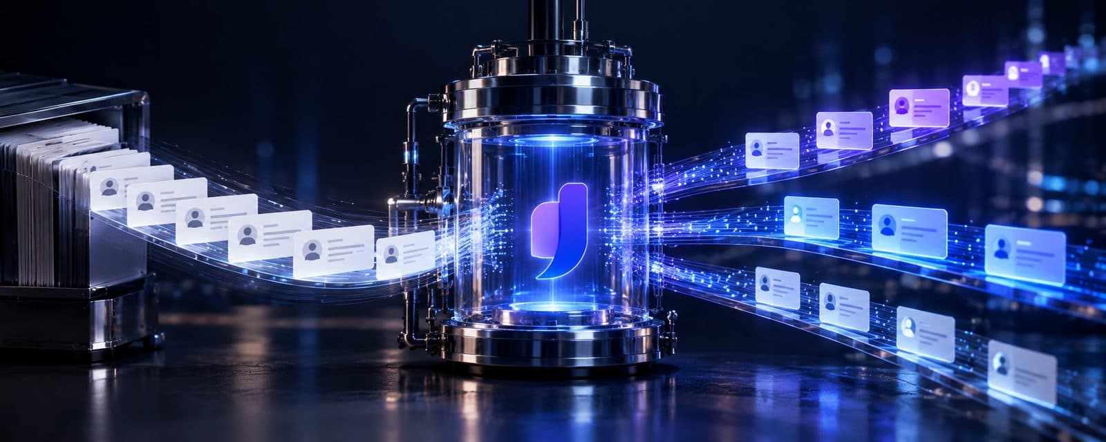 Lead cards flowing from a filing cabinet into a glass reactor marked with the ValueBasedBidding.com logo, and out the other side as three glowing streams