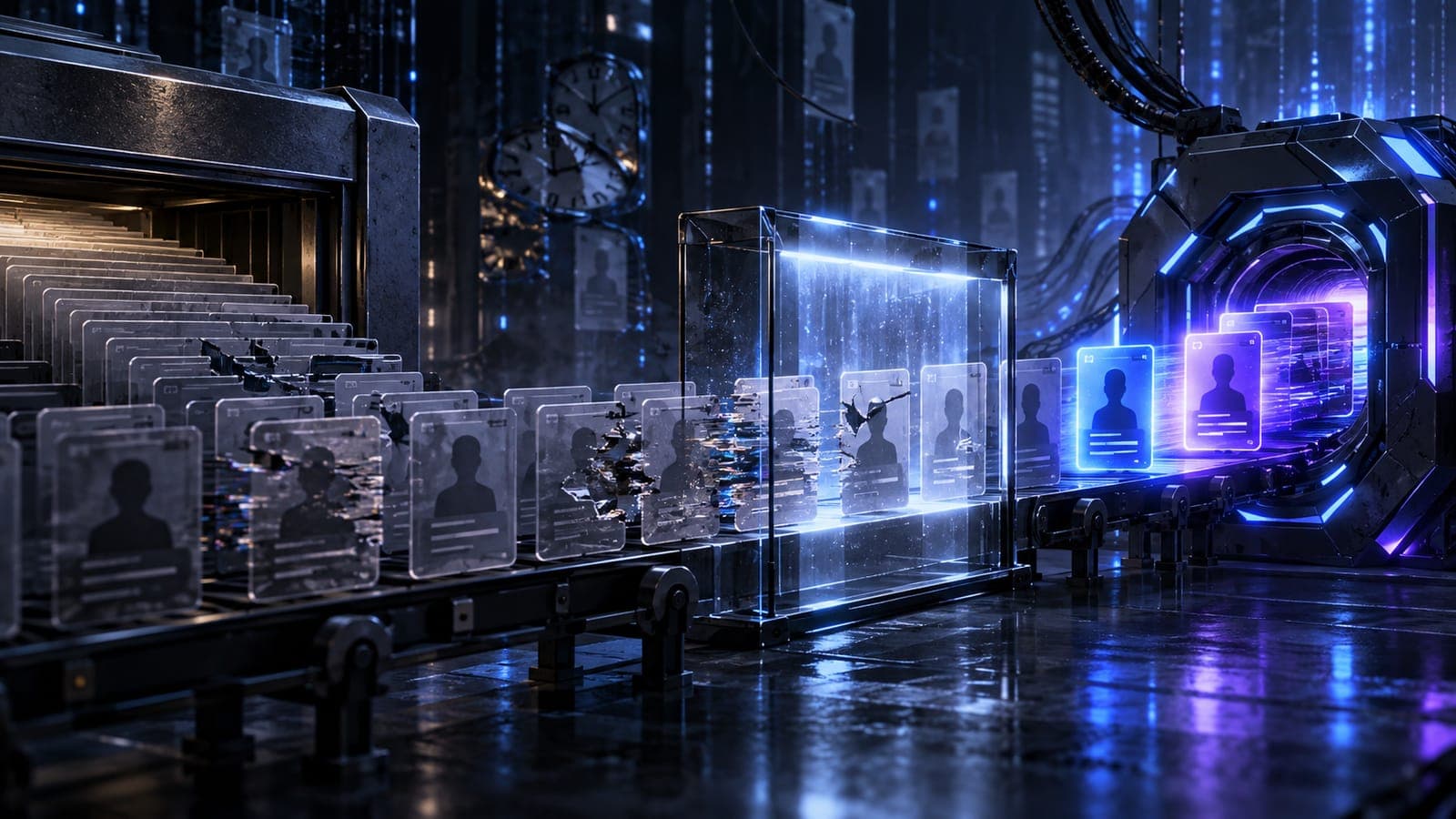 Corrupted lead cards on a conveyor passing through a glass gate towards a glowing tunnel