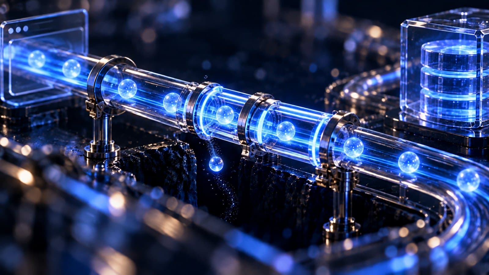 A glass pipe carrying glowing spheres from a web form to a database, with one sphere falling out through a gap in the line