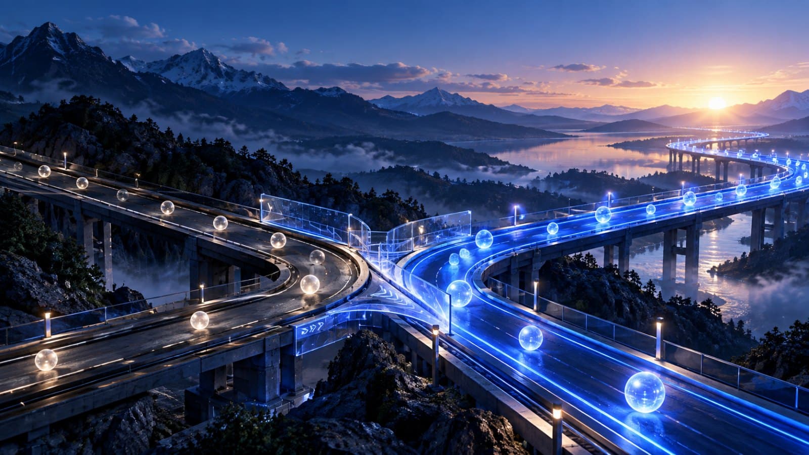 A highway splitting at a glass junction, grey lanes to one side and a lit blue road carrying glowing spheres towards the sunrise