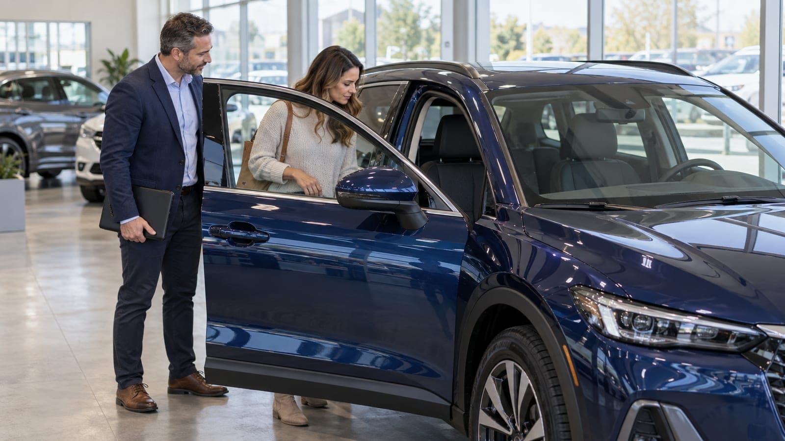 A salesperson handing car keys to a customer in a dealership showroom