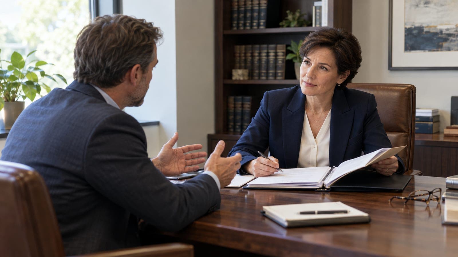 A lawyer meeting a client across a desk in a bright office