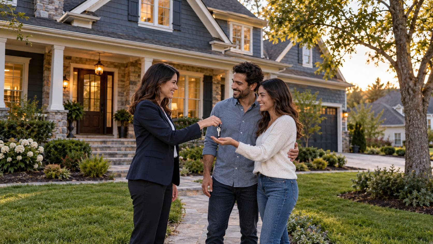 A real estate agent handing the keys to a smiling couple outside their new house at sunset