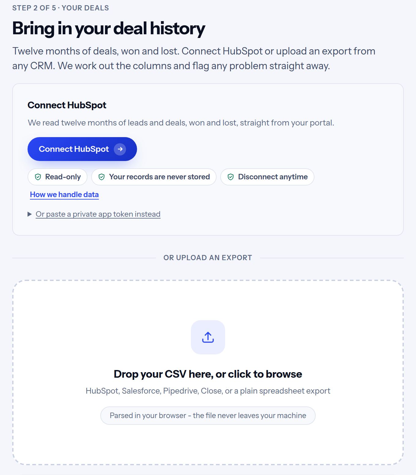 Step two: connect HubSpot or upload a CRM export