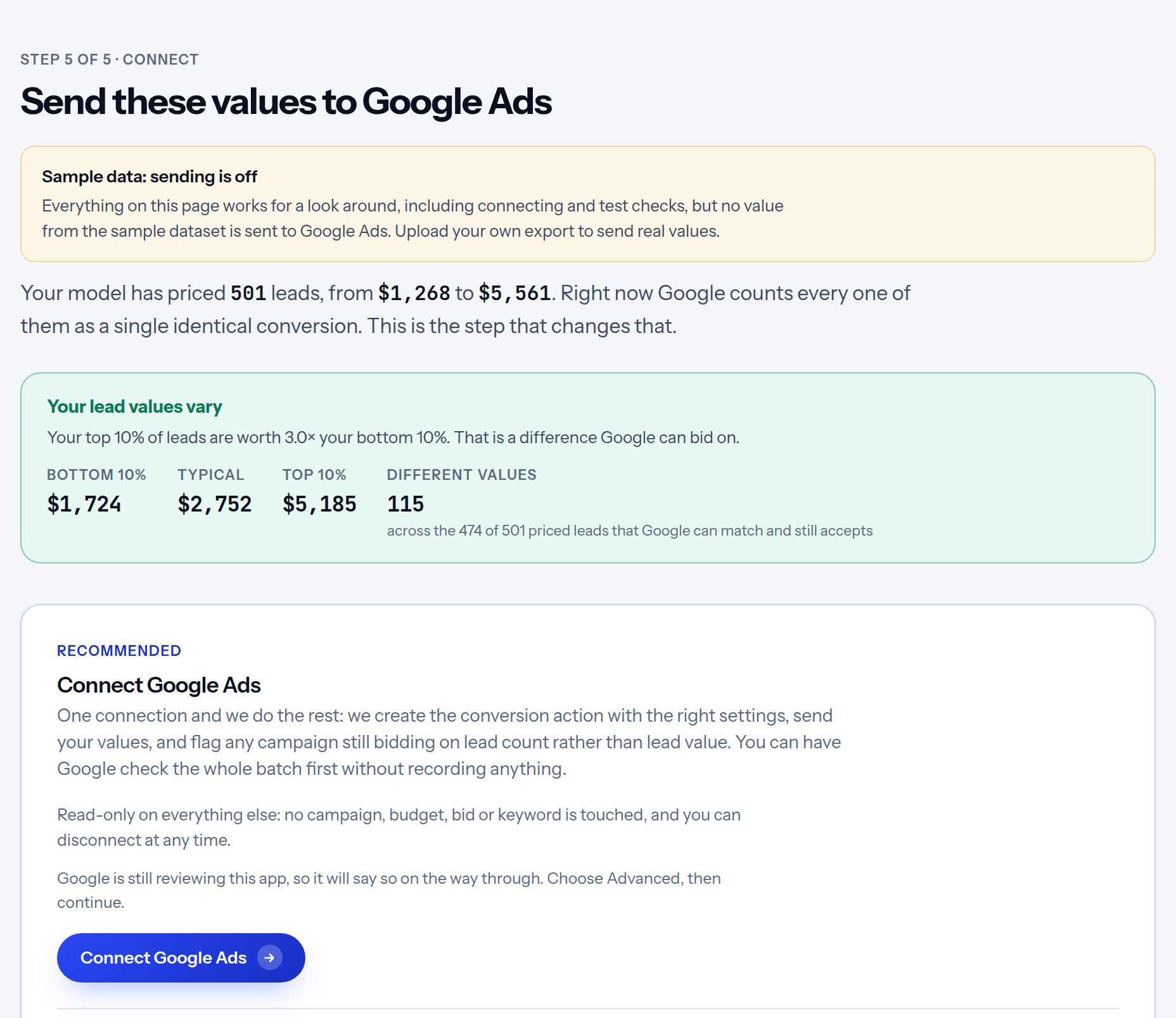 Step six: send the values to Google Ads