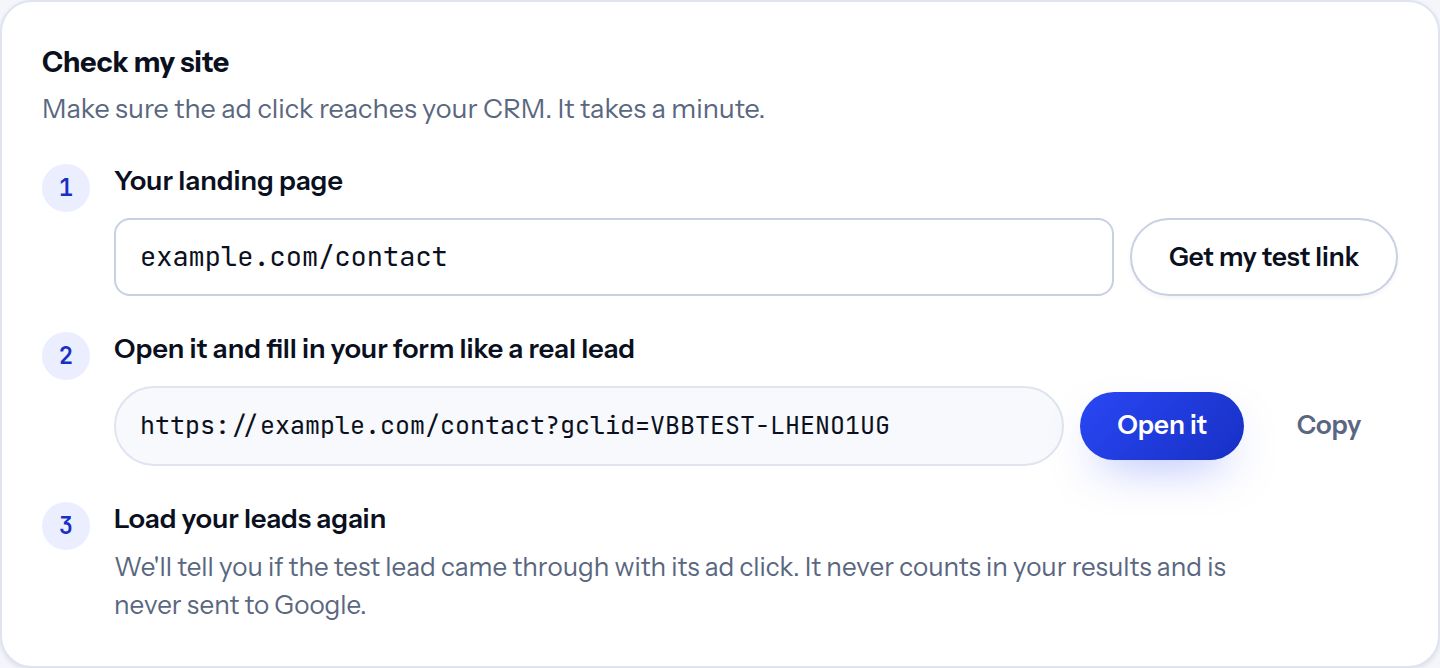 Step seven: a test link that checks the ad click reaches your CRM